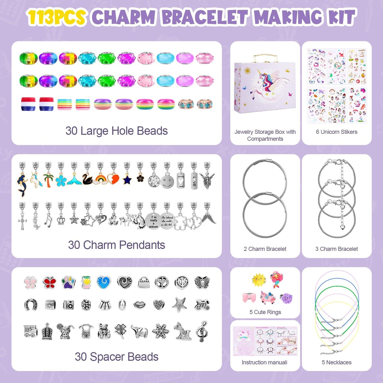 homicozy DIY Charm Bracelet Making Kit for Girls with A Unicorn Compartment Storage Box, Jewelry Making Kit Craft Beads, Necklace, Ring, Christmas homicozy
