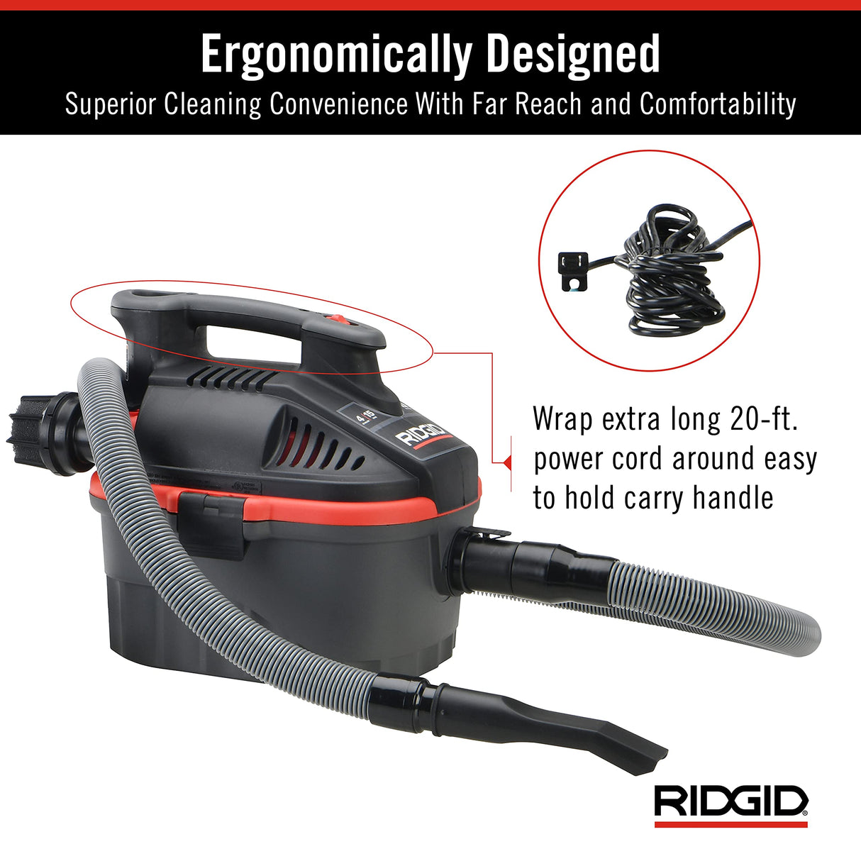 RIDGID 50313 Model 4000RV 4-Gallon Portable Wet and Dry Compact Vacuum Cleaner with 5.0 Peak-HP Motor, 4 gallon, Red RIDGID