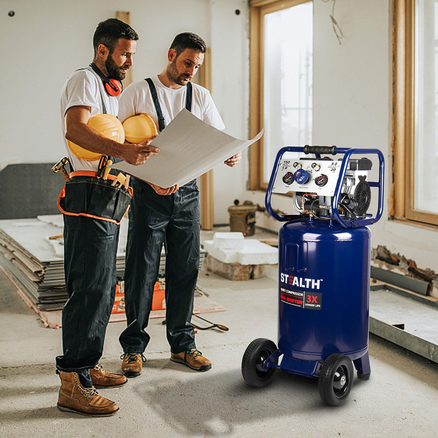 Stealth 20 Gallon Ultra Quiet Air Compressor,1.8 HP Oil-Free Peak 150 PSI 68 Decibel Air Compressor,5.5 CFM @ 40 PSI 5 CFM @ 90 PSI Silent Portable Stealth