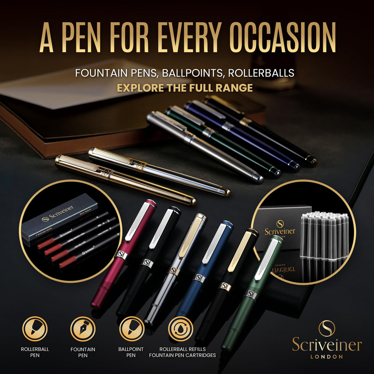 Scriveiner Gold Rollerball Pen - Stunning Luxury Pen with 24K Gold Finish, Schmidt Ink Refill, Best Roller Ball Pen Gift Set for Men & Women, Scriveiner