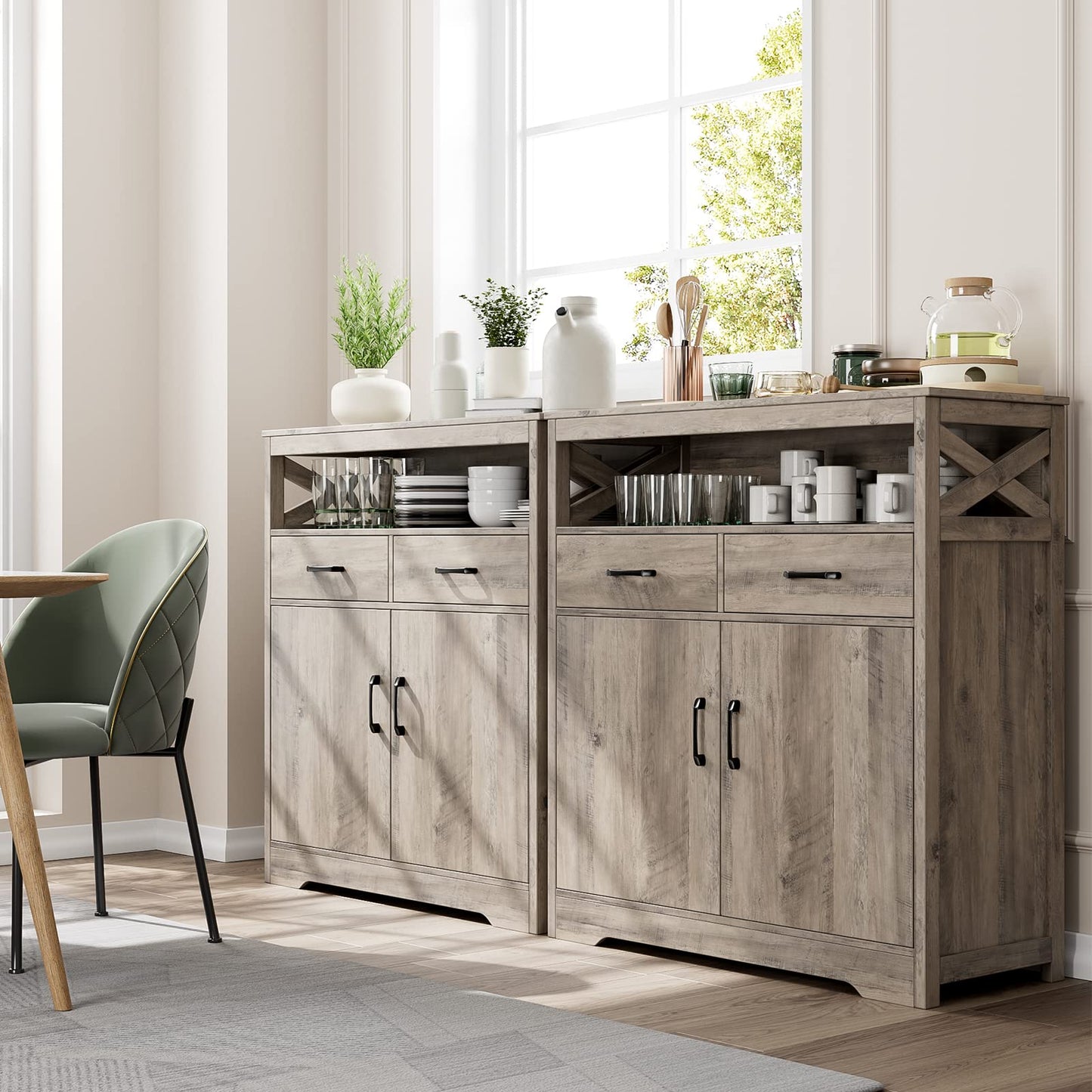 HOSTACK Modern Farmhouse Buffet Sideboard, Kitchen Storage Cabinet with Shelves and Doors, Wood Buffet Cabinet with Drawers, Coffee Bar, Floor - WoodArtSupply