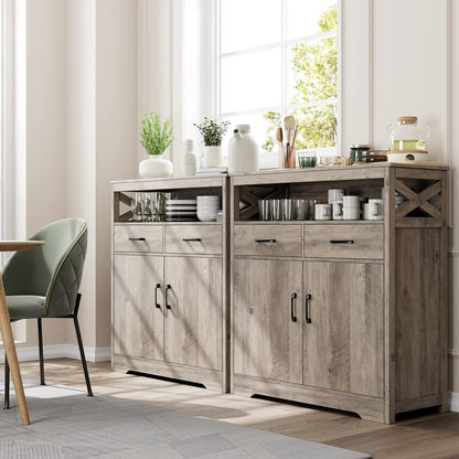 HOSTACK Modern Farmhouse Buffet Sideboard, Kitchen Storage Cabinet with Shelves and Doors, Wood Buffet Cabinet with Drawers, Coffee Bar, Floor