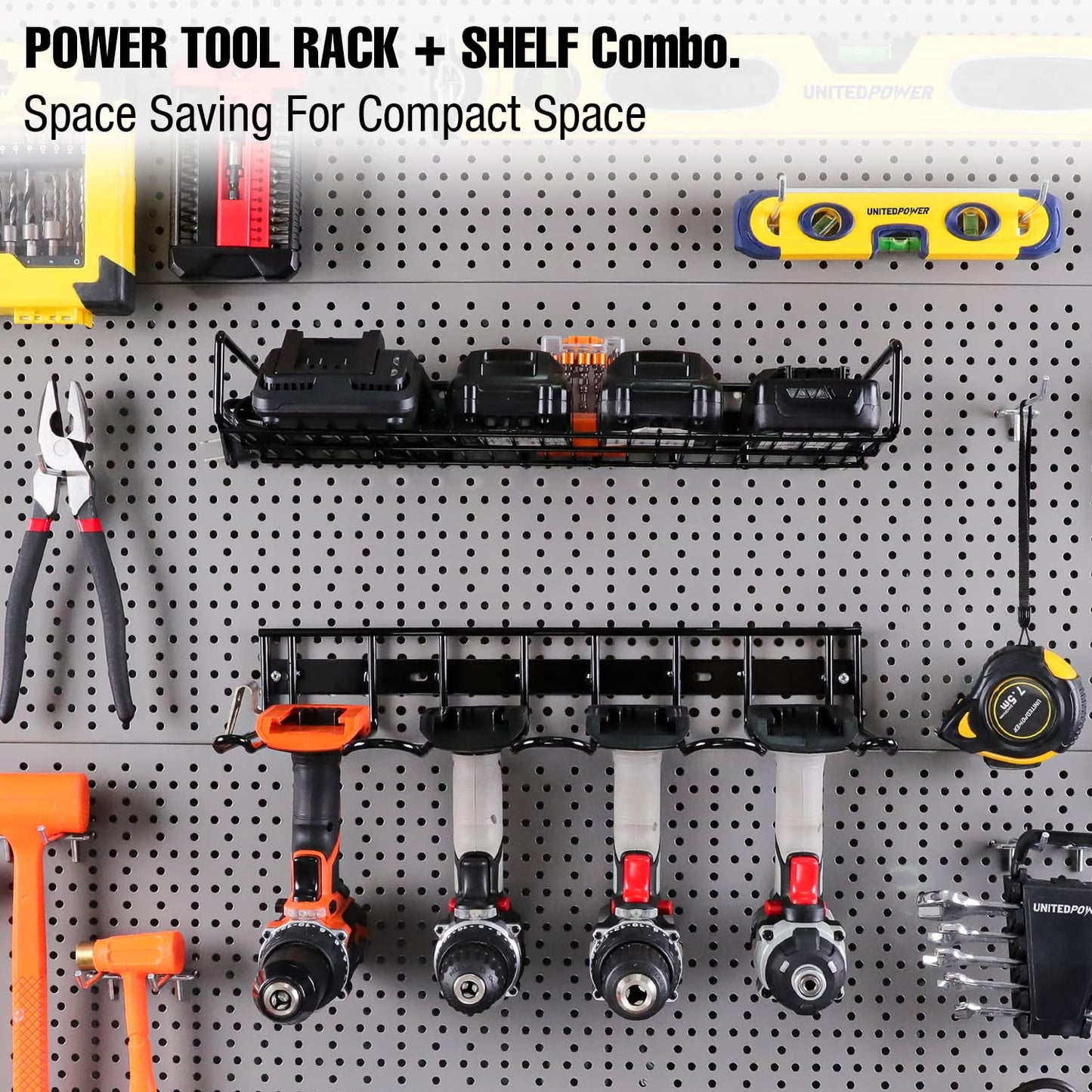 UNITEDPOWER Wall Mounted Power Tool Organizer Holder, Heavy Duty Utility Storage Rack for Battery Powered Hand Tools, Cordless Drill Rack and Tool - WoodArtSupply