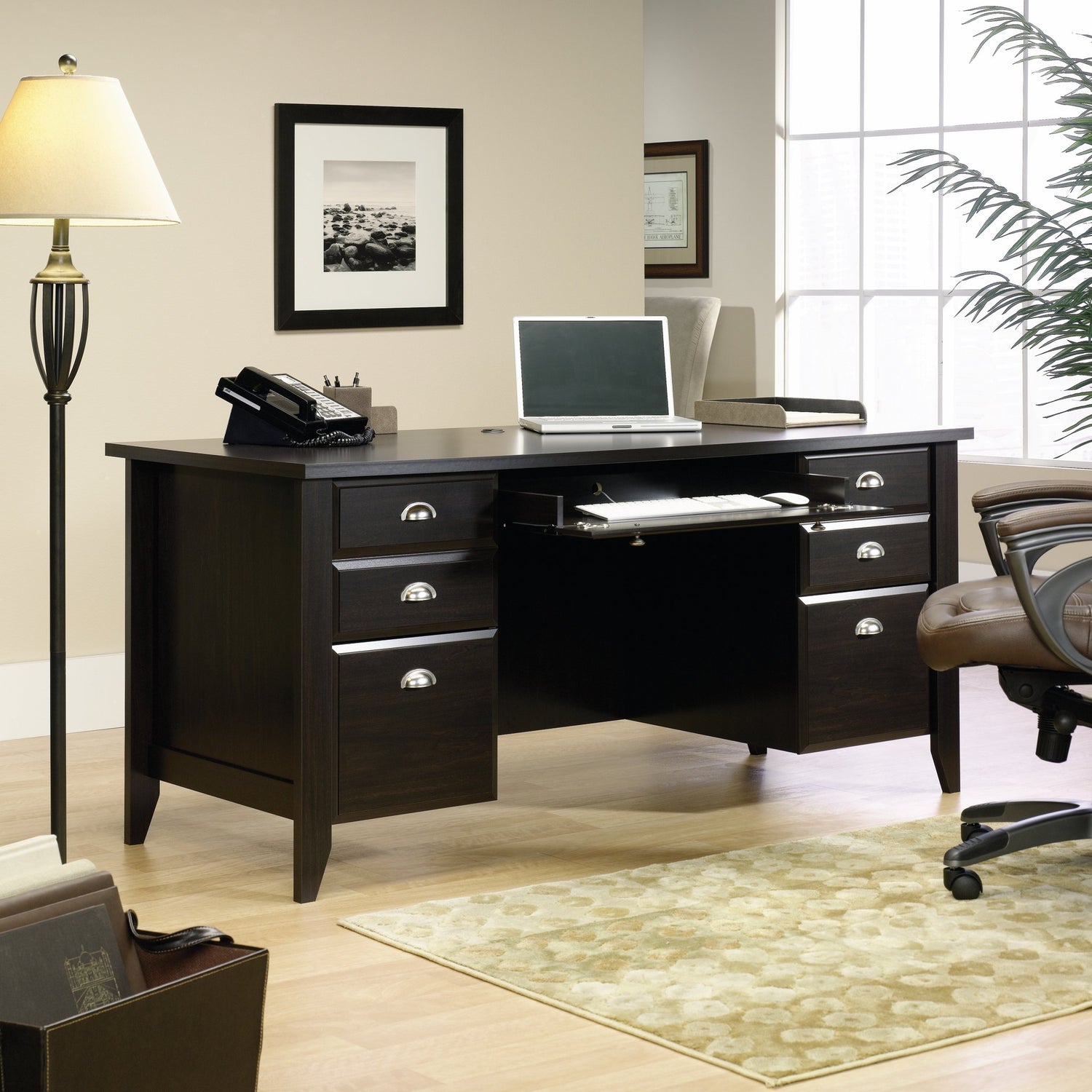 Sauder Shoal Creek Executive Desk, L: 65.12" x W: 29.29" x H: 30.55", Jamocha Wood finish Sauder