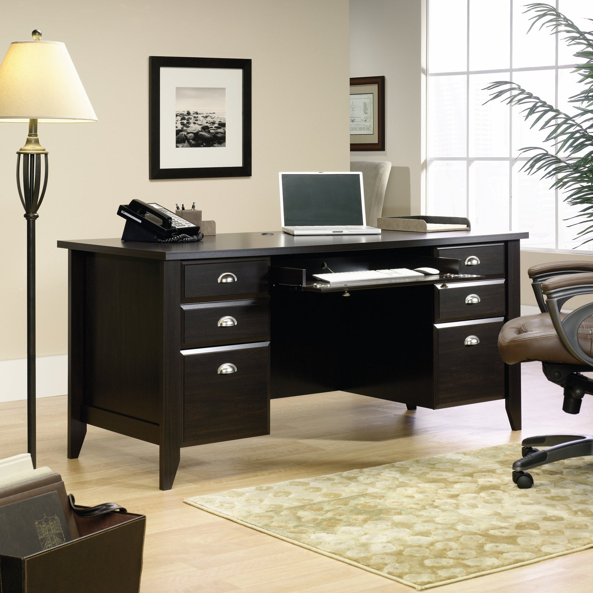 Sauder Shoal Creek Executive Desk, L: 65.12" x W: 29.29" x H: 30.55", Jamocha Wood finish - WoodArtSupply