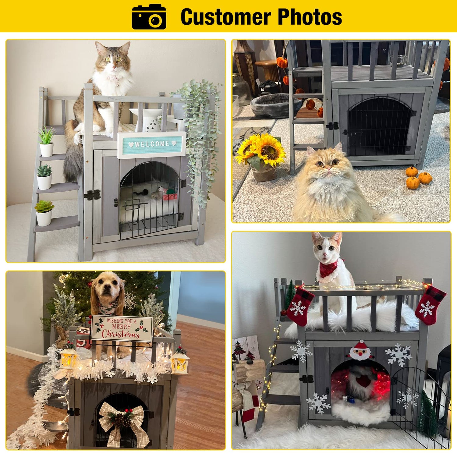 Aivituvin Cat House Outdoor with Lockable Wire Door, Wooden Dog Shelter Indoor Cat Condo Kitty Enclosure with Balcony, Stair Aivituvin