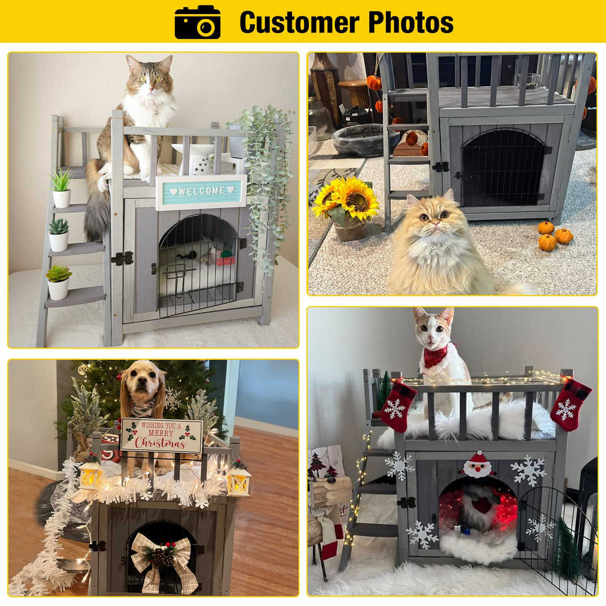 Aivituvin Cat House Outdoor with Lockable Wire Door, Wooden Dog Shelter Indoor Cat Condo Kitty Enclosure with Balcony, Stair Aivituvin