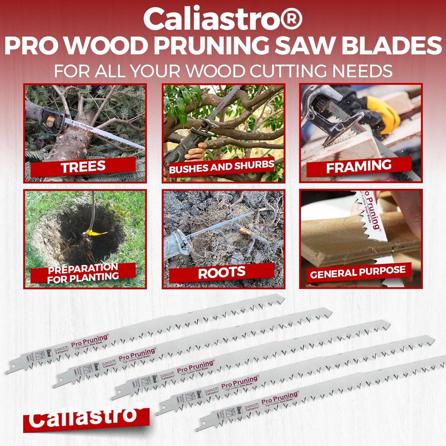 Caliastro 12-Inch Wood Pruning Saw Blades for Reciprocating/Sawzall Saws - 5 Pack - WoodArtSupply