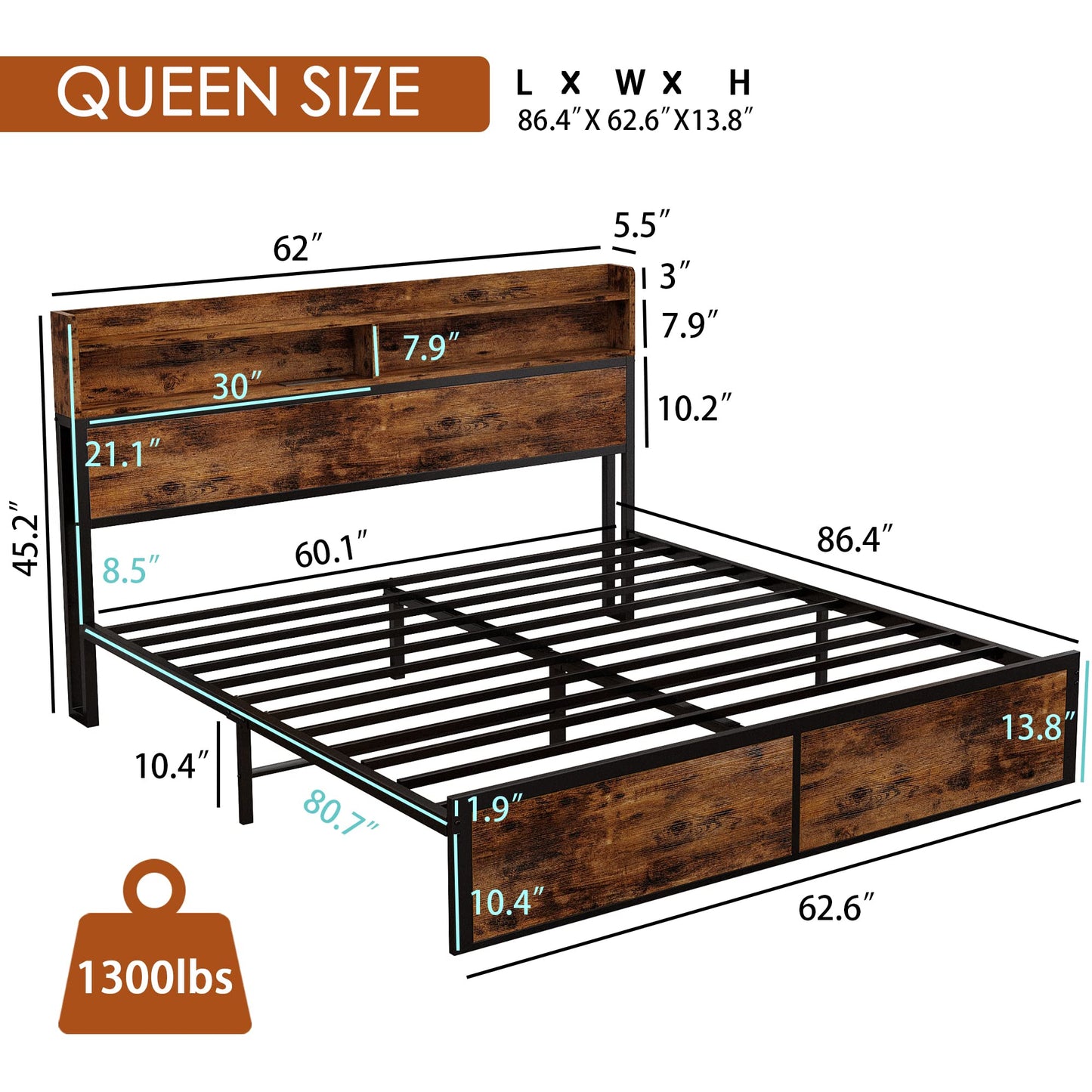 IRONCK Vintage Brown Queen Bed Frame with Bookcase Headboard and Charging Station - WoodArtSupply