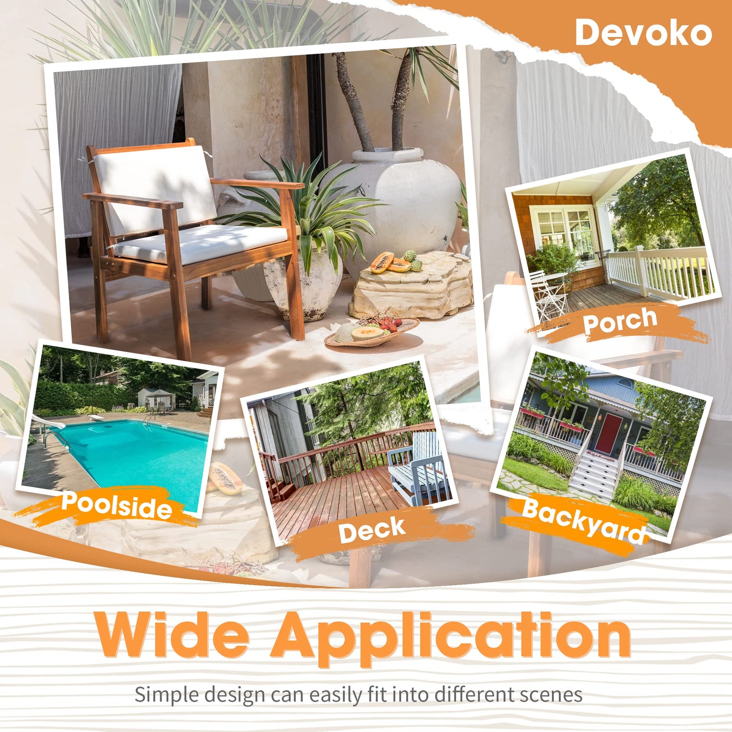 Devoko Patio Set 3 Piece Acacia Wood Outdoor Furniture Conversation Seat with Table & Cushions Porch Chairs for Balcony, Deck, Backyard, Beige Devoko