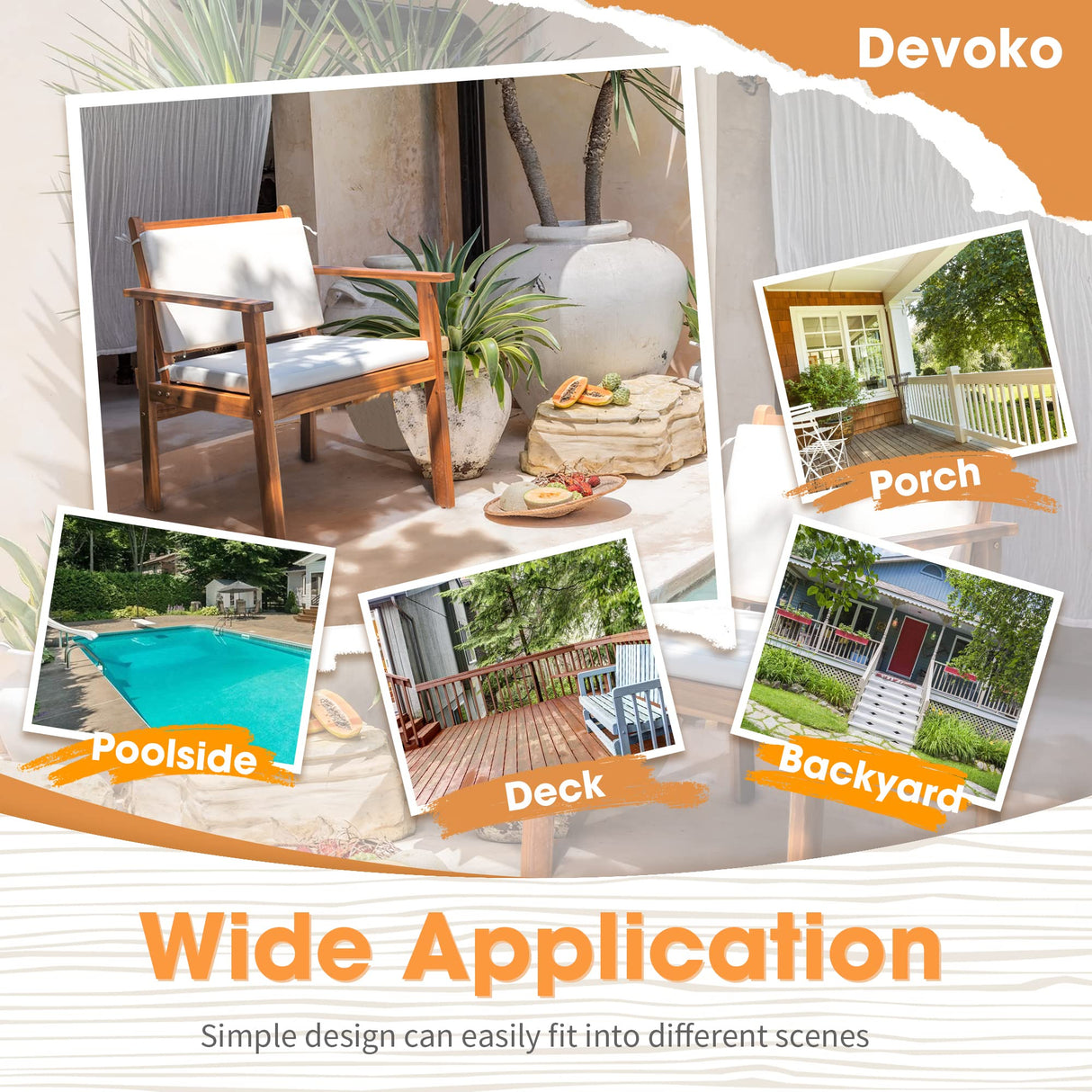 Devoko Patio Set 3 Piece Acacia Wood Outdoor Furniture Conversation Seat with Table & Cushions Porch Chairs for Balcony, Deck, Backyard, Beige Devoko