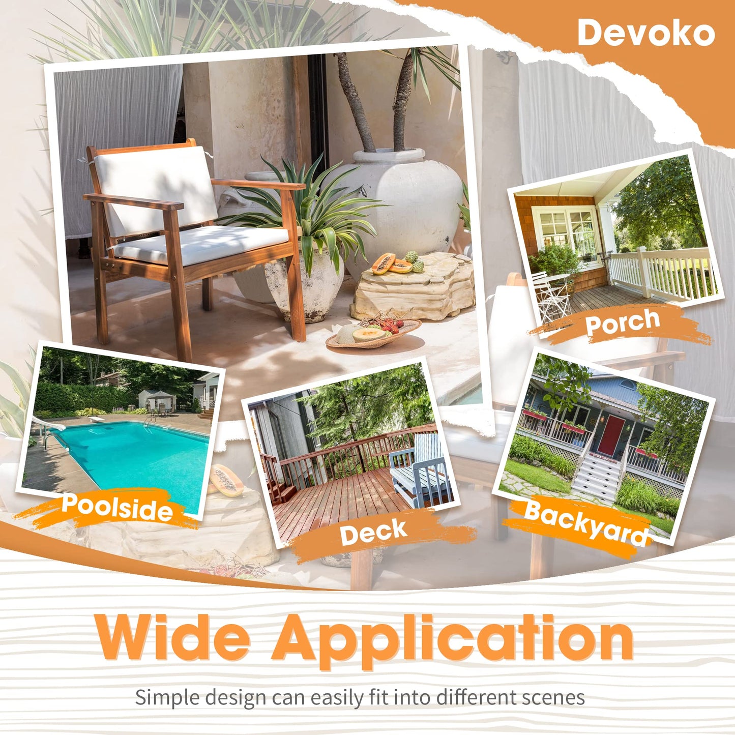 Devoko Patio Set 3 Piece Acacia Wood Outdoor Furniture Conversation Seat with Table & Cushions Porch Chairs for Balcony, Deck, Backyard, Beige