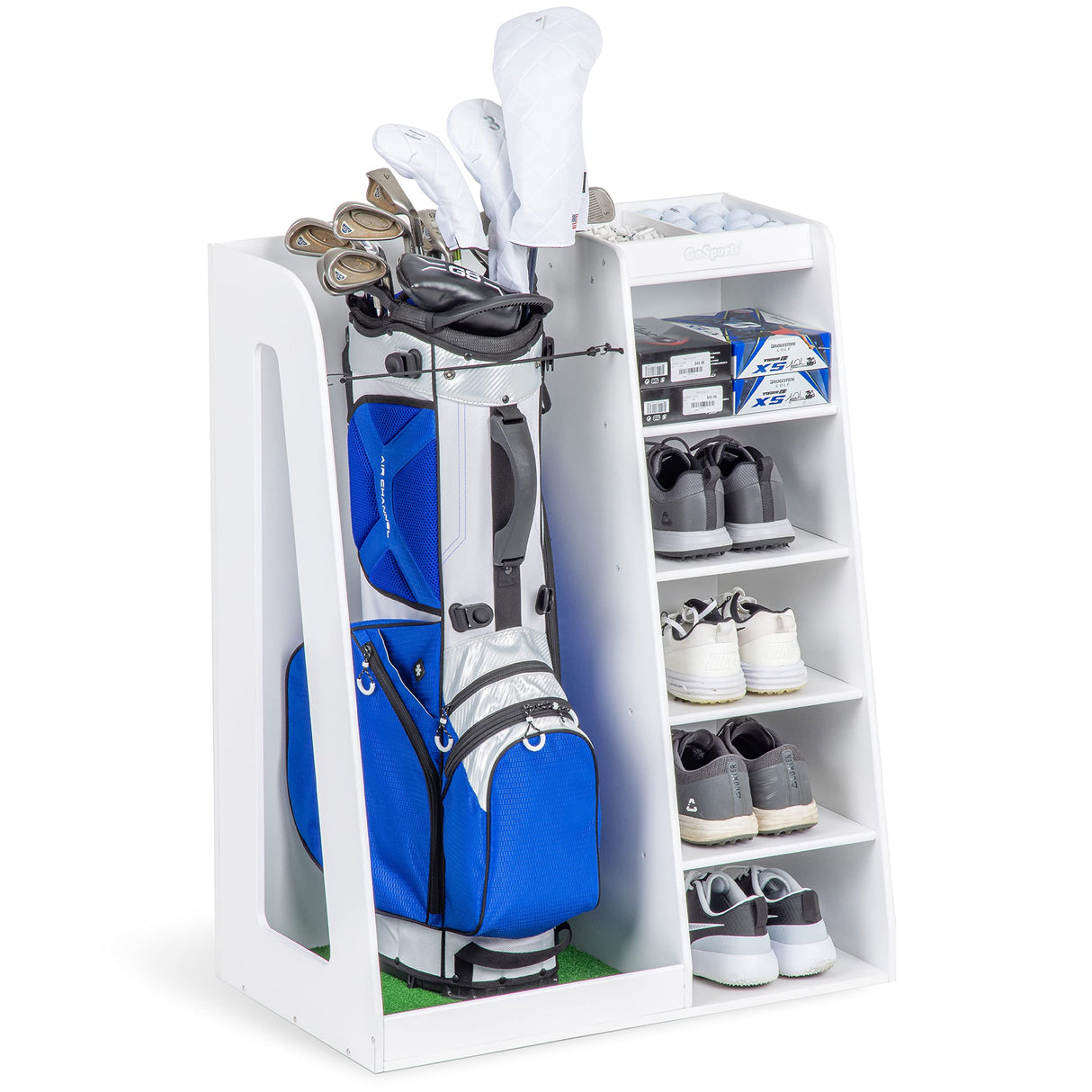 GoSports Premium Wooden Golf Bag Organizer and Storage Rack – Black, Brown, and White GoSports