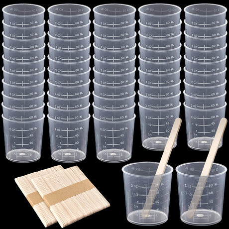 Coopay 50 Pack 60ml/2oz Plastic Graduated Cups Transparent Scale Cups Clear Epoxy Mixing Cups with 100 Pack Wooden Stirring Sticks for Resin, Epoxy, Coopay