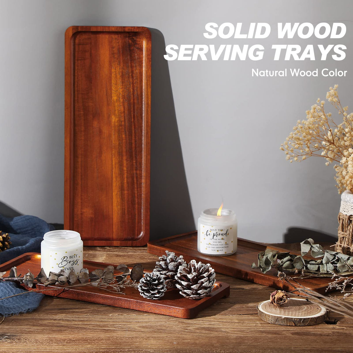 20 Pack Solid Wood Serving Trays Acacia Wooden Server Platter Rectangular Charcuterie Boards with Grooved Handle for Home Room Coffee Cheese Skylety