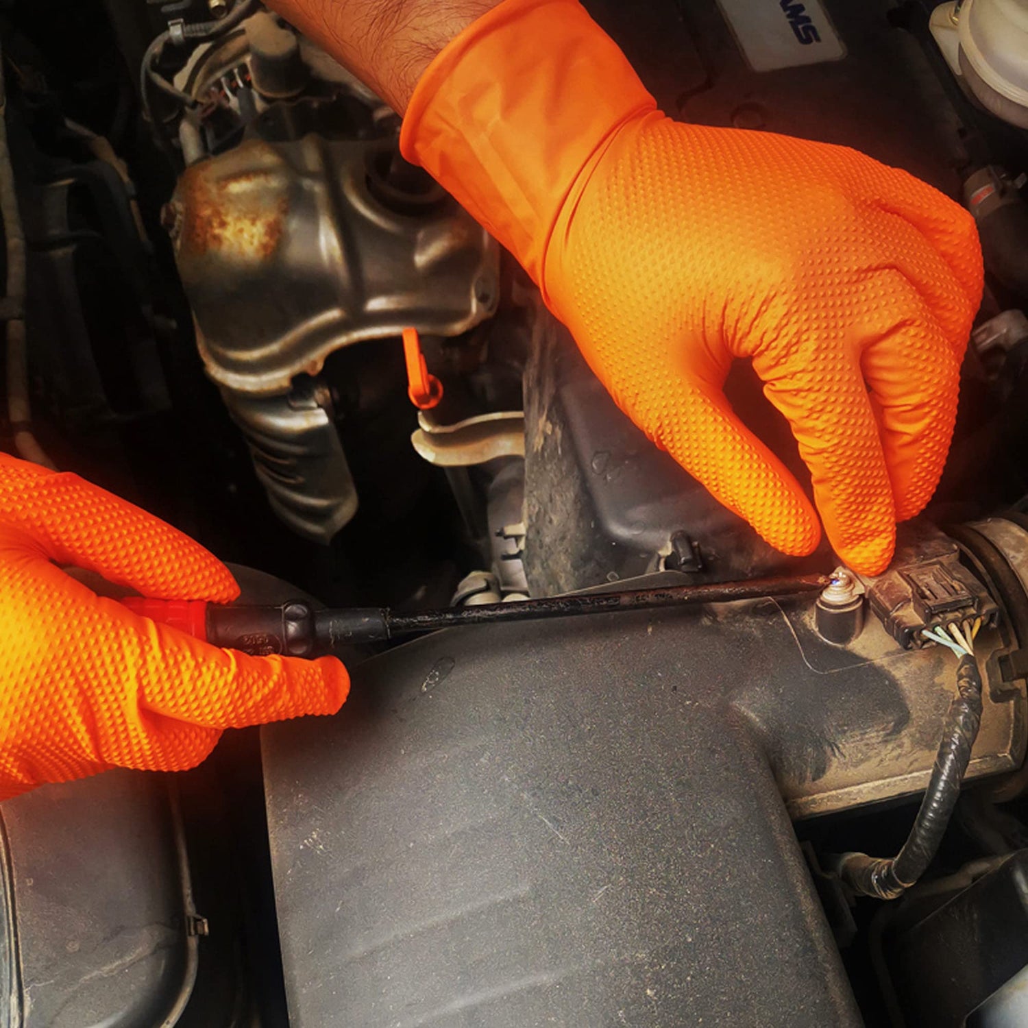 TITANflex Thor Grip Heavy Duty Industrial Orange Nitrile Gloves 8-mil Disposable Latex Free with Raised Diamond Texture Grip, Powder Free, Rubber TITANflex