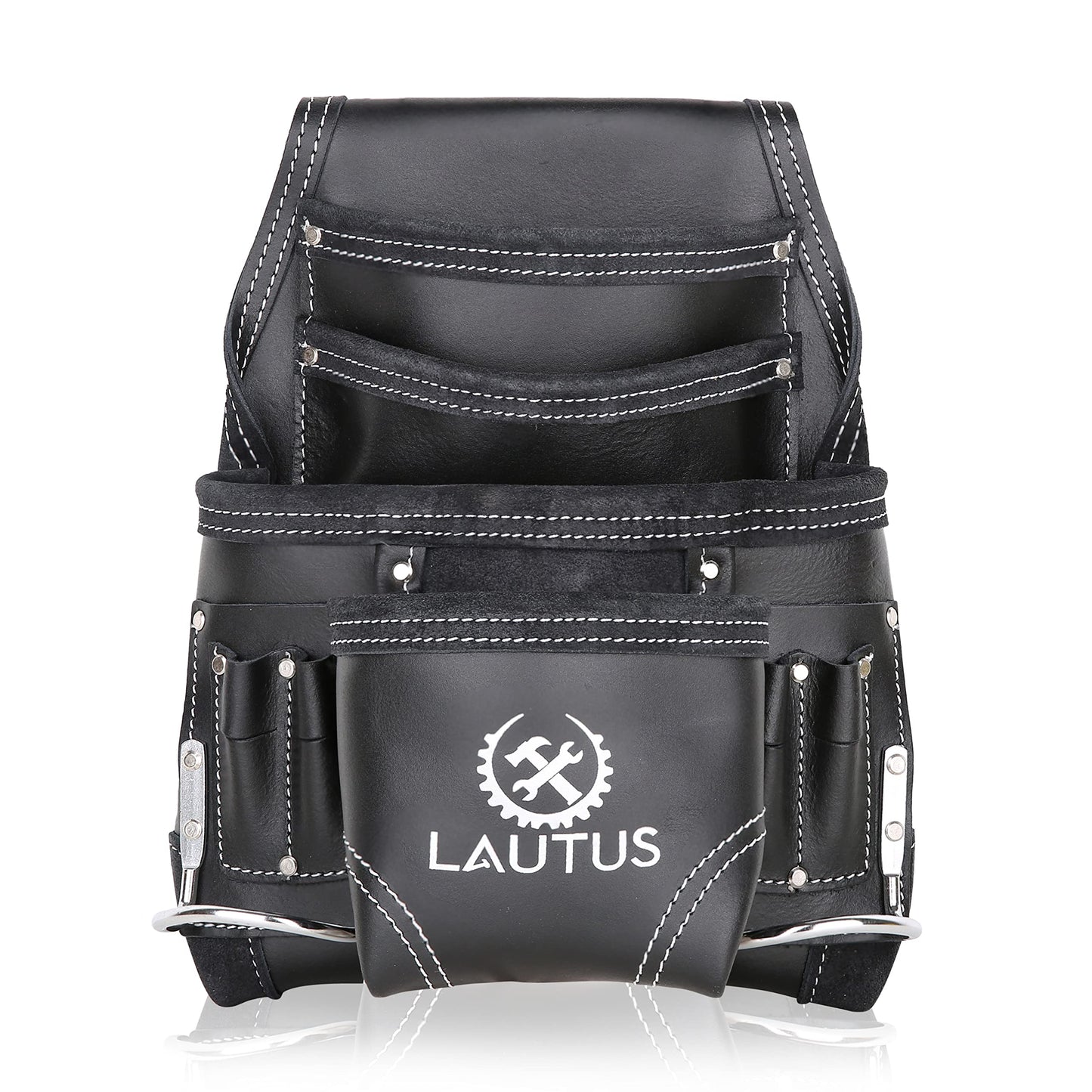 LAUTUS Oil Tanned Leather Tool Pouch Bag | Black | Carpenter, Construction, Framers, Handyman | 10 Pockets, 2 Hammer Holders | 100% Leather - WoodArtSupply