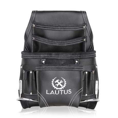 LAUTUS Oil Tanned Leather Tool Pouch Bag | Black | Carpenter, Construction, Framers, Handyman | 10 Pockets, 2 Hammer Holders | 100% Leather LAUTUS