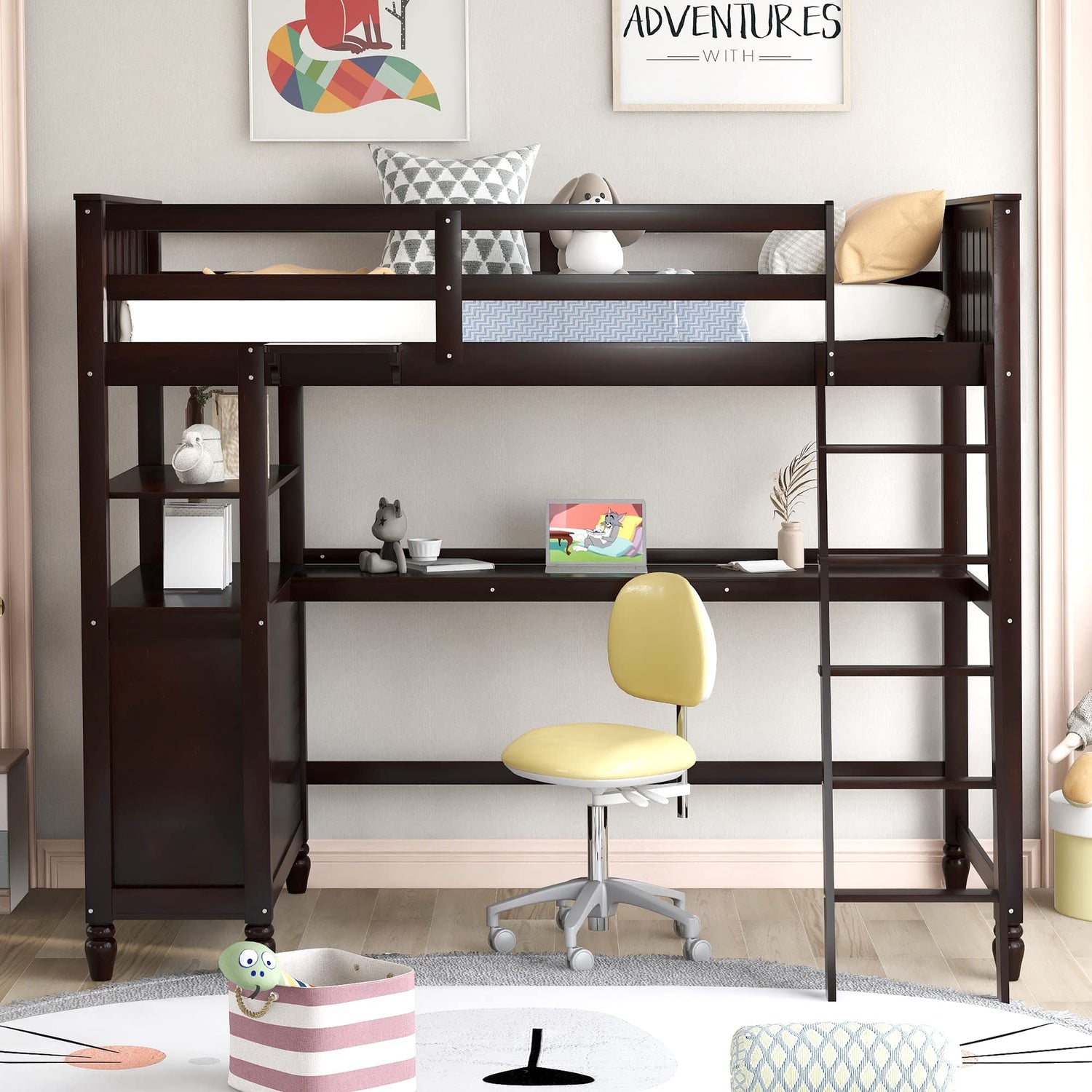 Bellemave Espresso Twin Loft Bed with Desk, Dresser, and Storage for Kids and Teens Bellemave