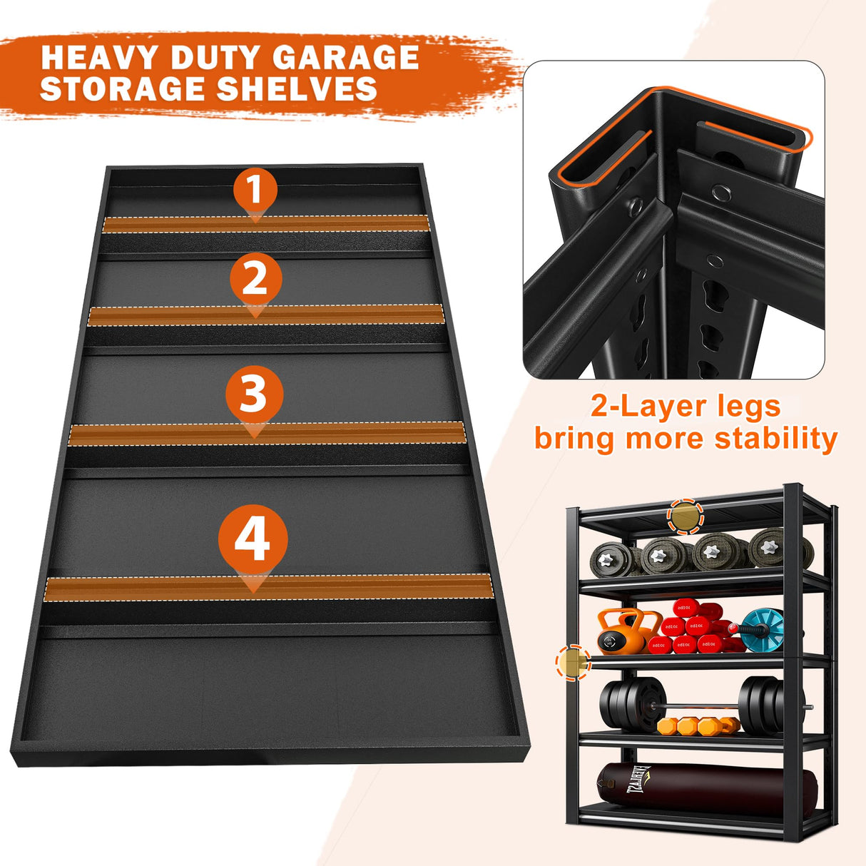 REIBII Garage Shelving Heavy Duty Garage Storage Shelves Load 2000Lbs, Wide Heavy Duty Shelving, Adjustable 5-Tier Metal Shelving for Garage,Large REIBII