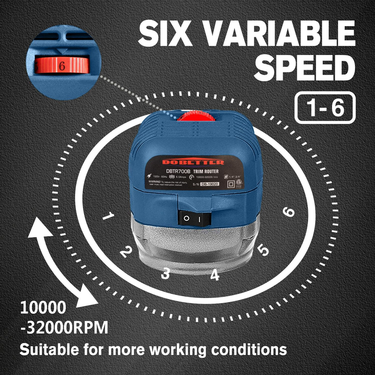 Dobetter 1.25HP Wood Router Tool, 6.5Amp Electric Trim Router, 6 Variable Speed Compact Palm Router Woodworking with 1/4" & 3/8" Collets, 12 Wood Dobetter