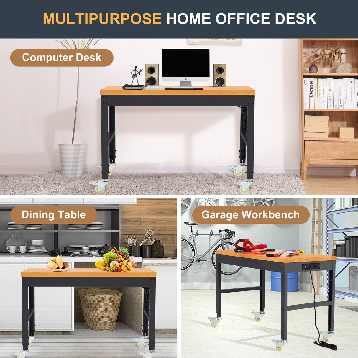 HABUTWAY Height Adjustable Workbench with Wheels 48" x 24" 2000 Lbs Capacity Oak Board Work Station Heavy-Duty Rolling Work Benches for Garage Party HABUTWAY