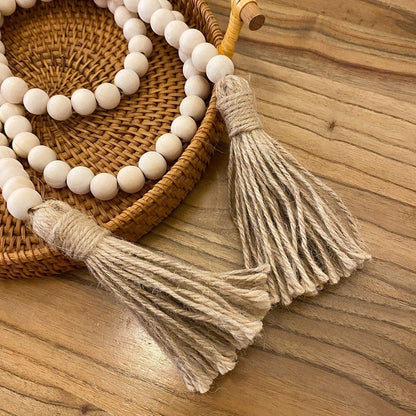 Farmhouse Beads 58in Wood Bead Garland with Tassels Rustic Country Decor Prayer Boho Beads Big Wall Hanging Decor - WoodArtSupply