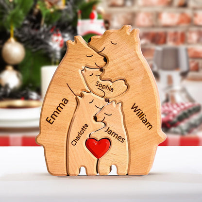 Personalized Wood Bear Puzzle with 1-8 Family Names, Custom Wooden Art Puzzle Gifts, Custom Family Name Sculpture, Home Decoration Christmas, - WoodArtSupply