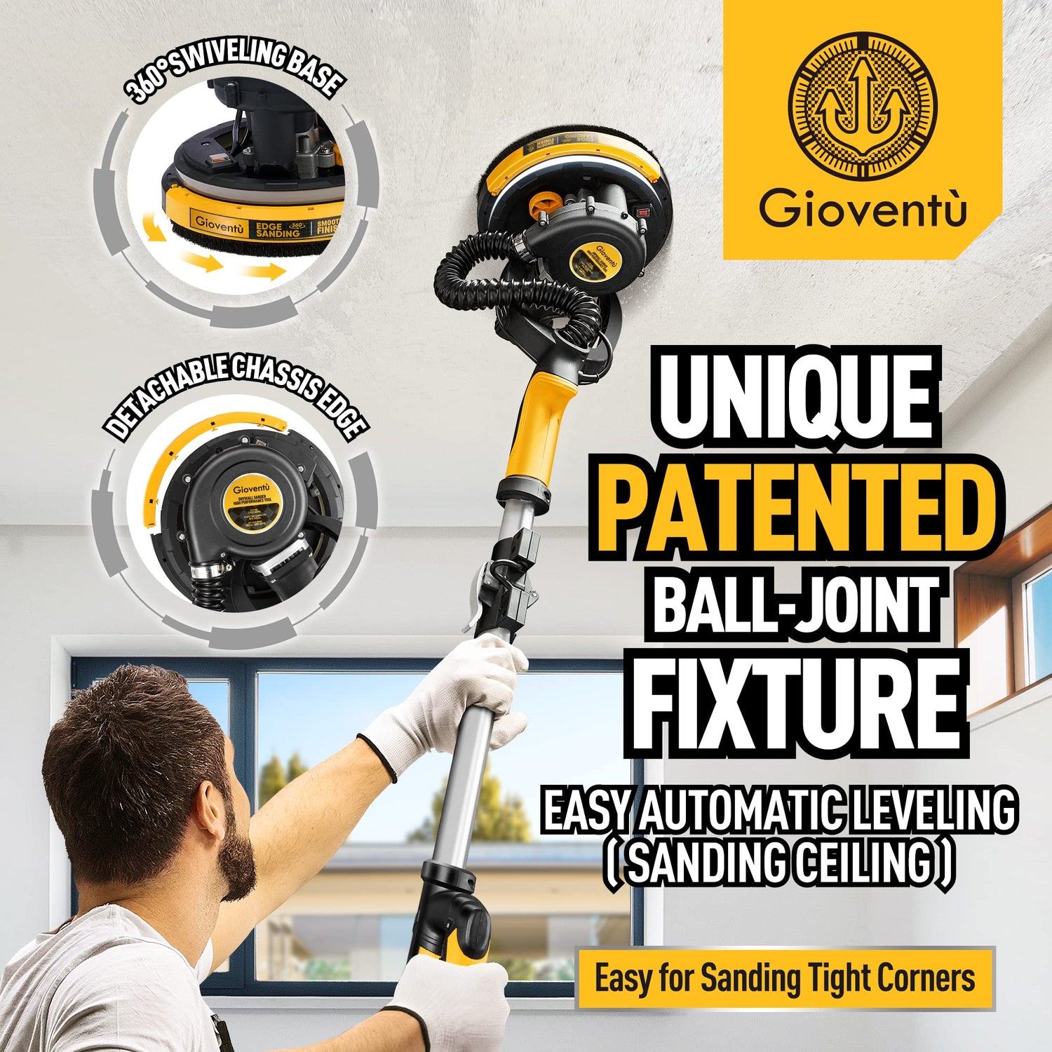 Drywall Sander, 6.5-amp Powerful Electric Drywall Sander with Vacuum, 95% Dust Absorption, 7 Variable Speed 900-1800RPM, Dustless Floor Sander with Gioventù