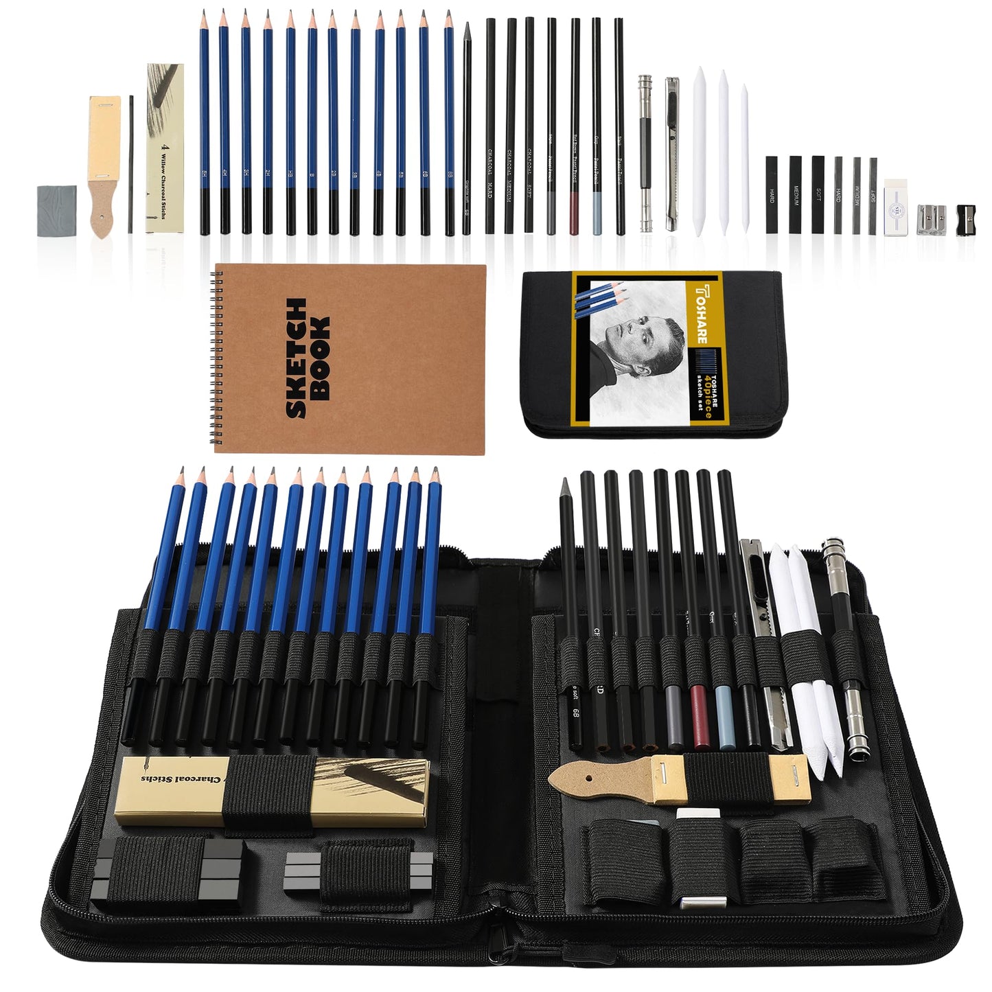 TOSHARE 40 Pack Sketching Kit Drawing Set, Pro Art Sketch Supplies with Sketchbook, Include Graphite Pencil, Charcoal Pencil, Sharpener, Eraser for - WoodArtSupply