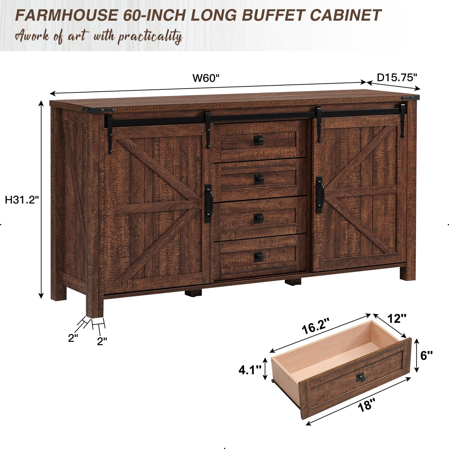 T4TREAM Farmhouse Sideboard Buffet Cabinet with Storage, 60" Large Kitchen Cabinet w/Sliding Barn Doors and 4 Drawers, 31.2'' Tall Rustic Wood Coffee