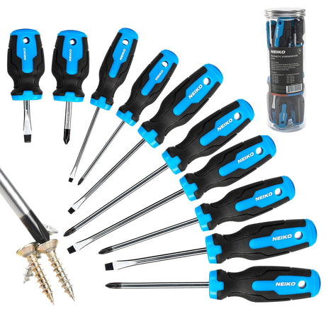 NEIKO 01378A Magnetic Screwdriver Set | 10 Piece | Phillips & Flathead | Heat Treated Chrome Vanadium Steel | Slotted Head Tip with Non-Slip Neiko