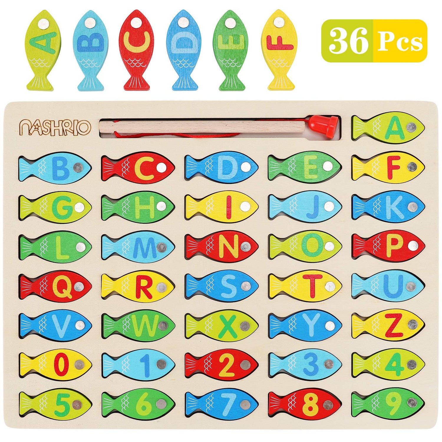 Magnetic Wooden Fishing Game Toy for Toddlers, Alphabet Fish Catching Counting Games Puzzle with Numbers and Letters, Preschool Learning ABC Math NASHRIO