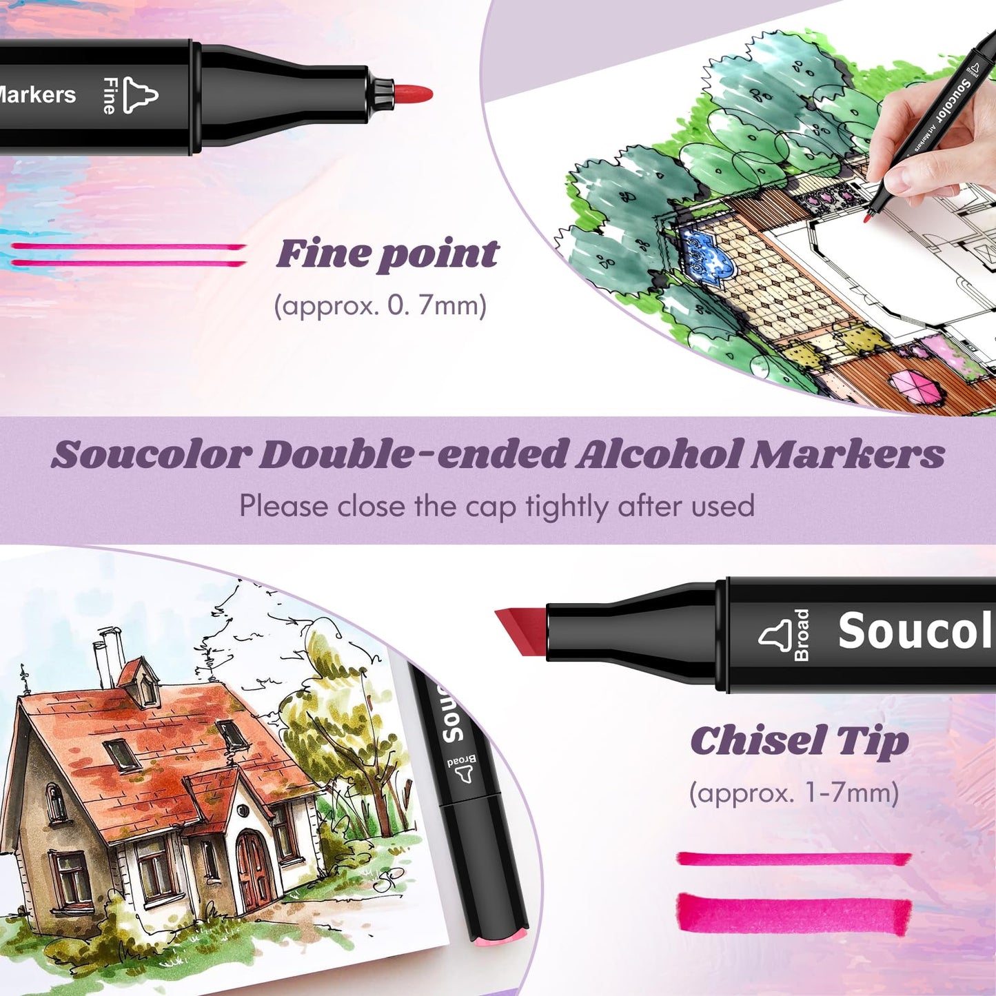 Soucolor Alcohol Markers Set, 101 Dual Tip Permanent Artist Coloring Markers for Adult Coloring Books, Sketching and Illustrations, Card Making Art