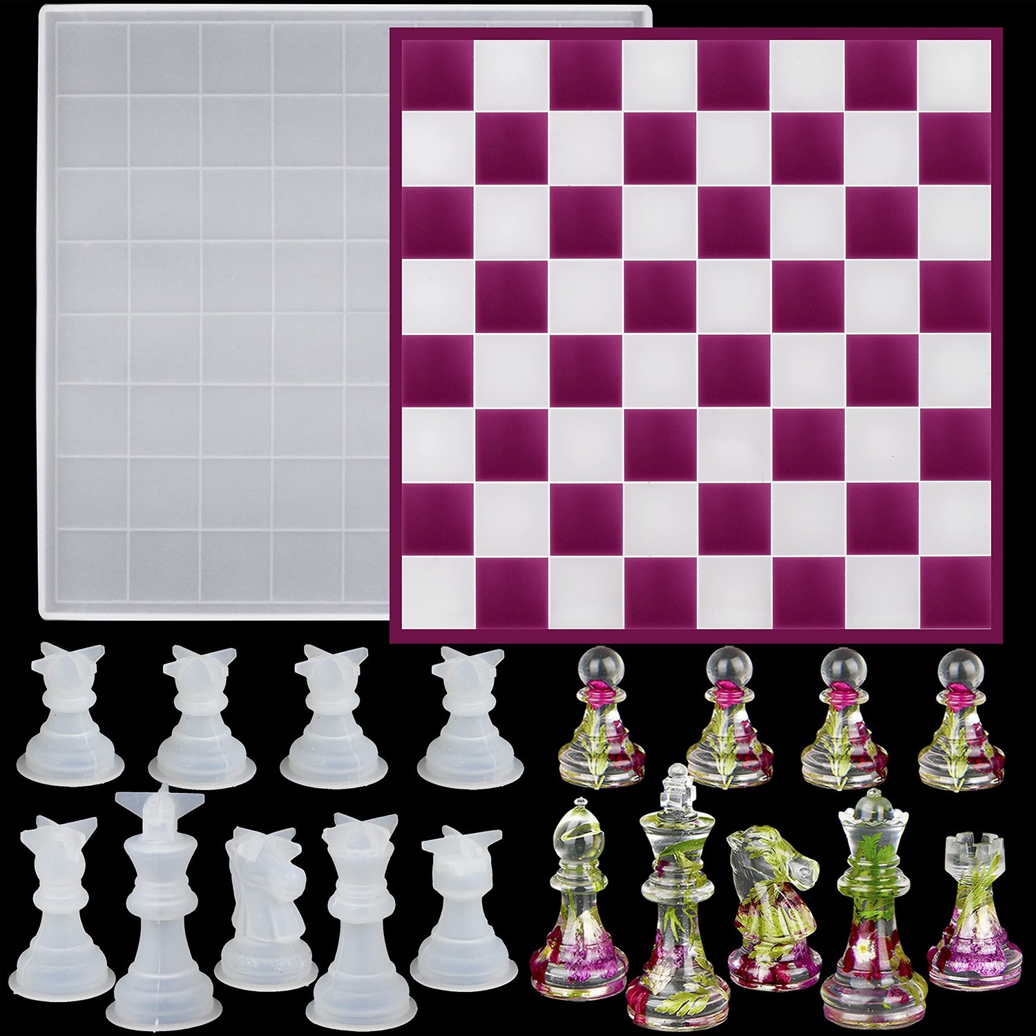 ResinWorld Shot Glass Serving Tray Mold + 3D Silicone Chess Piece Mold for Epoxy Resin, Chess Board Game Mold ResinWorld