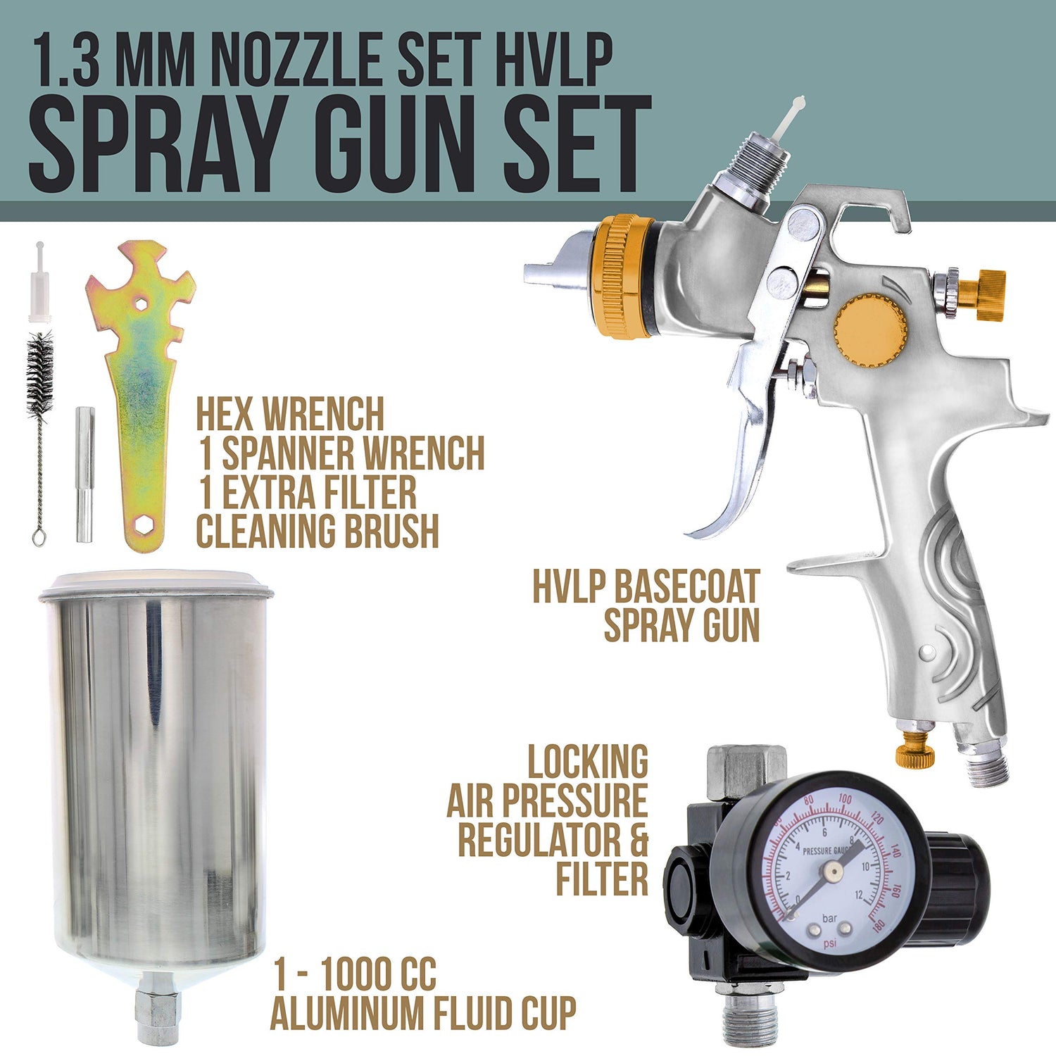 TCP Global® Brand Professional 1.3mm HVLP Spray Gun-gravity Feed-auto Paint Basecoat Clearcoat with Air Regulator (G6600-13) TCP Global