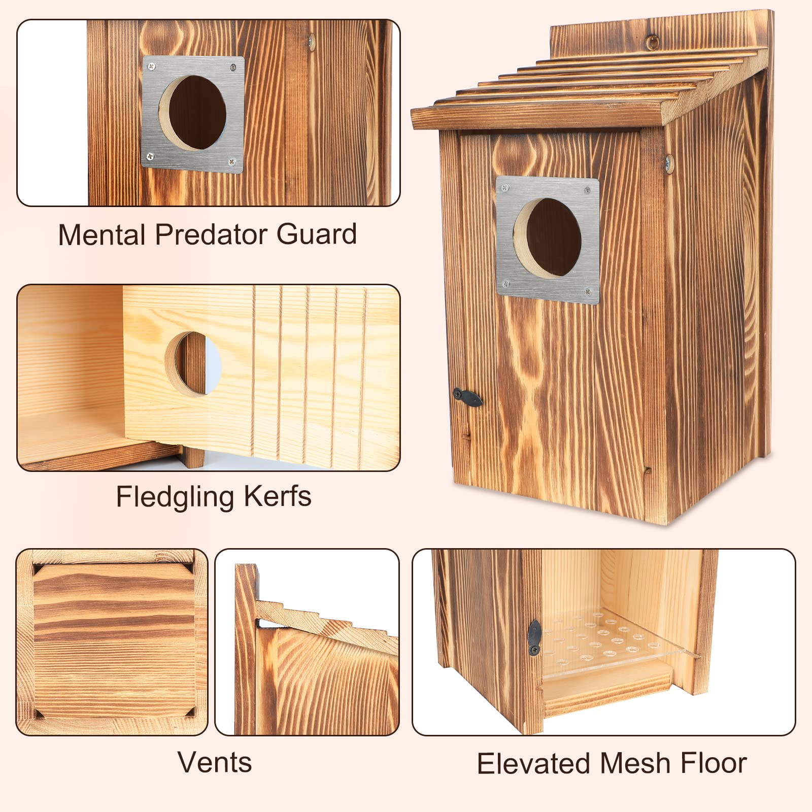 Bird Houses for Outside with Metal Predator Guard for Bluebird Wren Swallow Finch, Carbonized Wooden Nesting Boxes for Outdoor, Sturdy Bird - WoodArtSupply