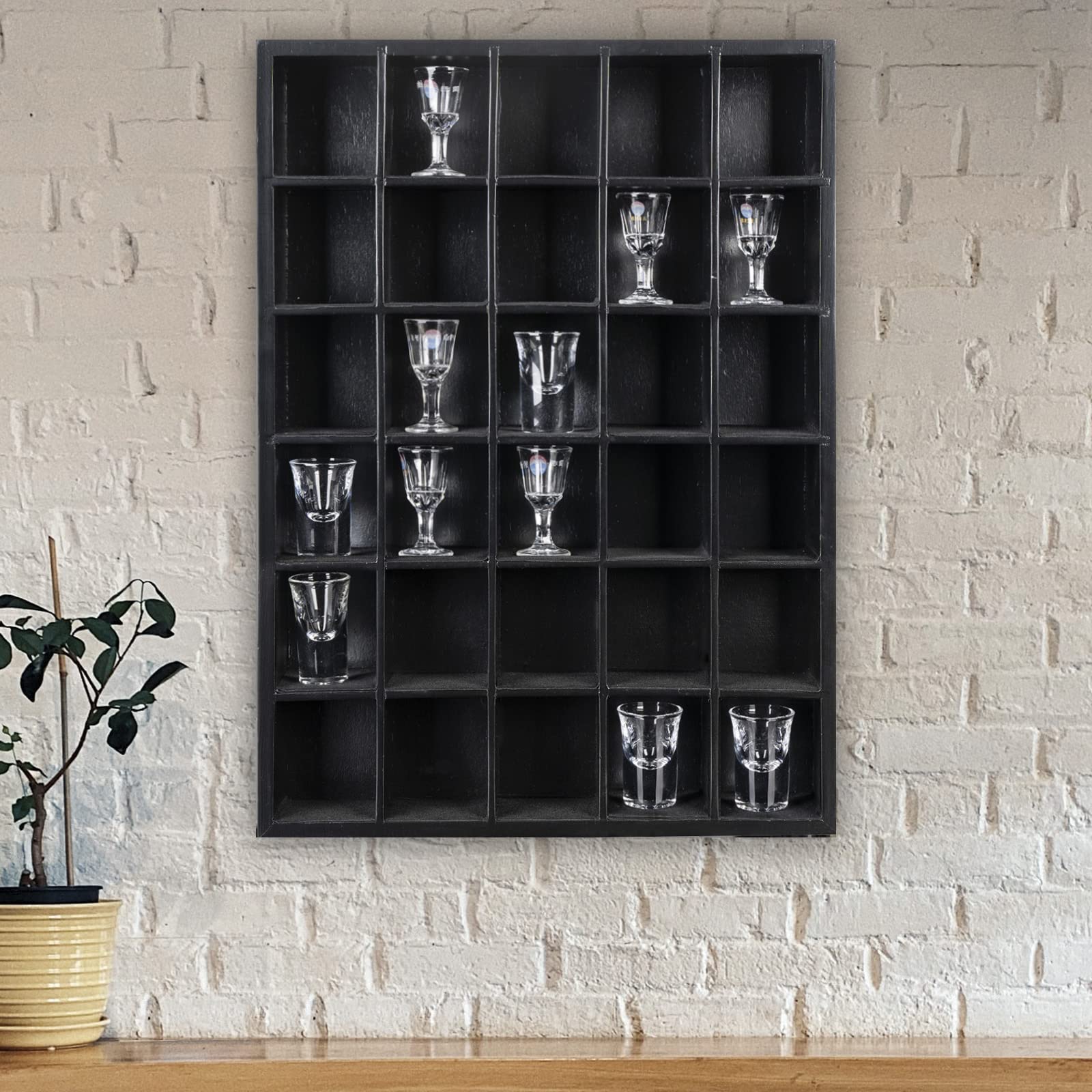 GSM Brands Shot Glass Display Case, Black Wood, Holds Set of 30 Glasses (16.7 x 12.2 - Each Opening Measures 2.52 x 2.13) - WoodArtSupply