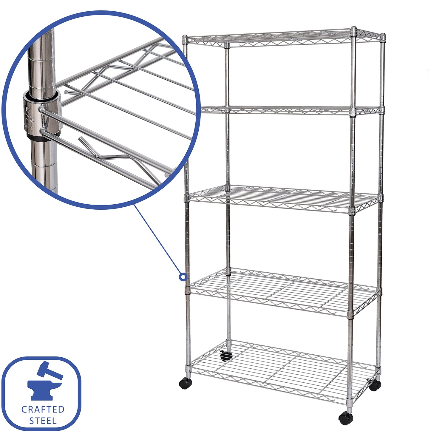 Seville Classics 5-Tier Wire Shelving with Wheels, 5-Tier, 30"" W x 14"" D (NEW MODEL), Chrome Plating, Plated Steel - WoodArtSupply