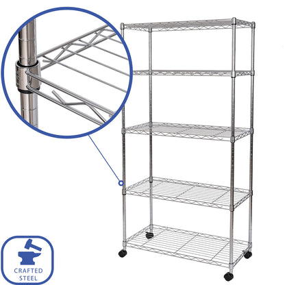 Seville Classics 5-Tier Wire Shelving with Wheels, 5-Tier, 30"" W x 14"" D (NEW MODEL), Chrome Plating, Plated Steel - WoodArtSupply