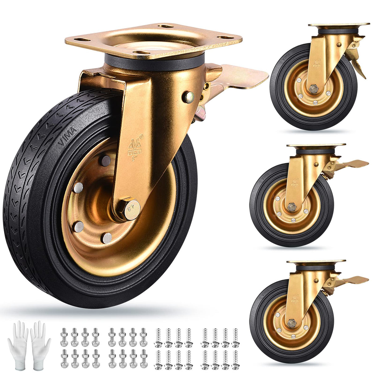8" Casters Set of 4 Heavy Duty Plate Casters with Dual Locking 8 Inch Swivel Industrial Rubber Wheels for Workbench Cart Outdoor Dolly Castors VM VIMA