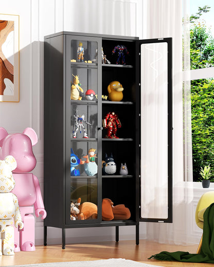 Greenvelly Metal Storage Cabinet, Black Display Curio Glass Storage Cabinet with Glass Doors and 4 Shelves, Tall Bookcase Modern Bookshelf Cabinet