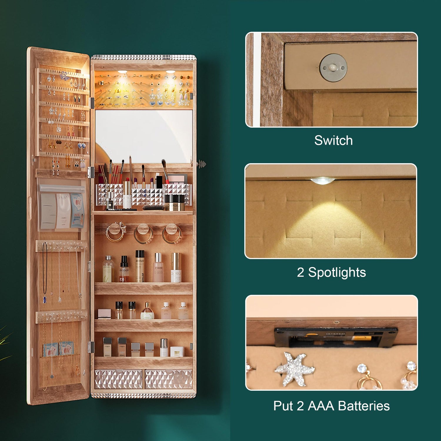 HNEBC LED Mirror Jewelry Cabinet,47.2" Wall Mounted Jewelry Organizer with Full-Length Mirror,Over The Door Hanging Jewelry Armoire Storage HNEBC