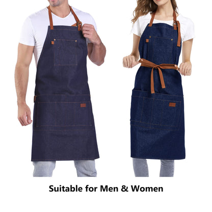 a u sure Denim Apron with Pockets Blue Tall Bib Apron Large with Long Ties Adjustable - Gifts for Men Women - WoodArtSupply