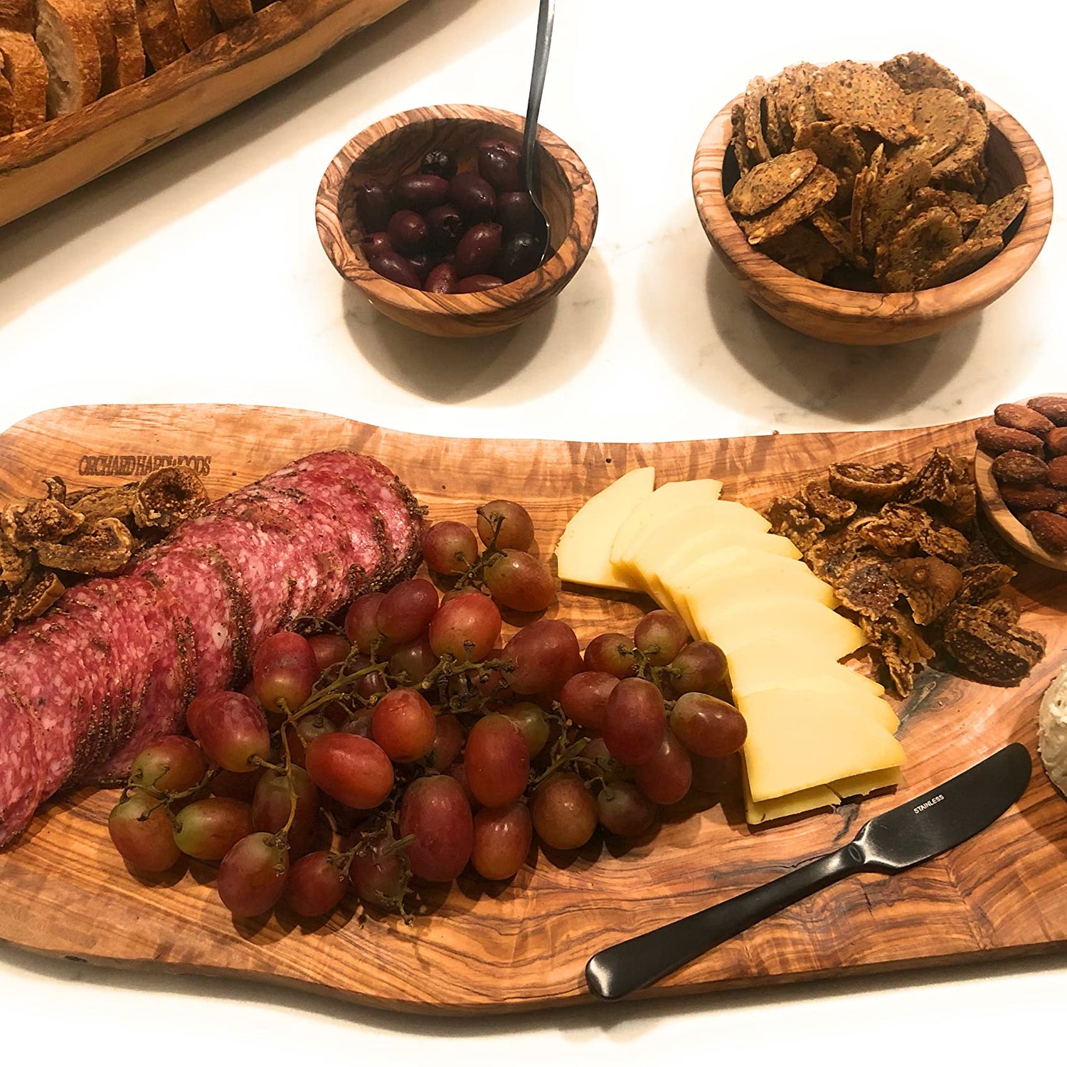 20" Rustic Handmade Bark Edge Olive Wood Charcuterie Board by Orchard Hardwoods- For Cutting, Chopping, Serving. Wooden Slab, Unique Kitchen Gift- In ORCHARD HARDWOODS