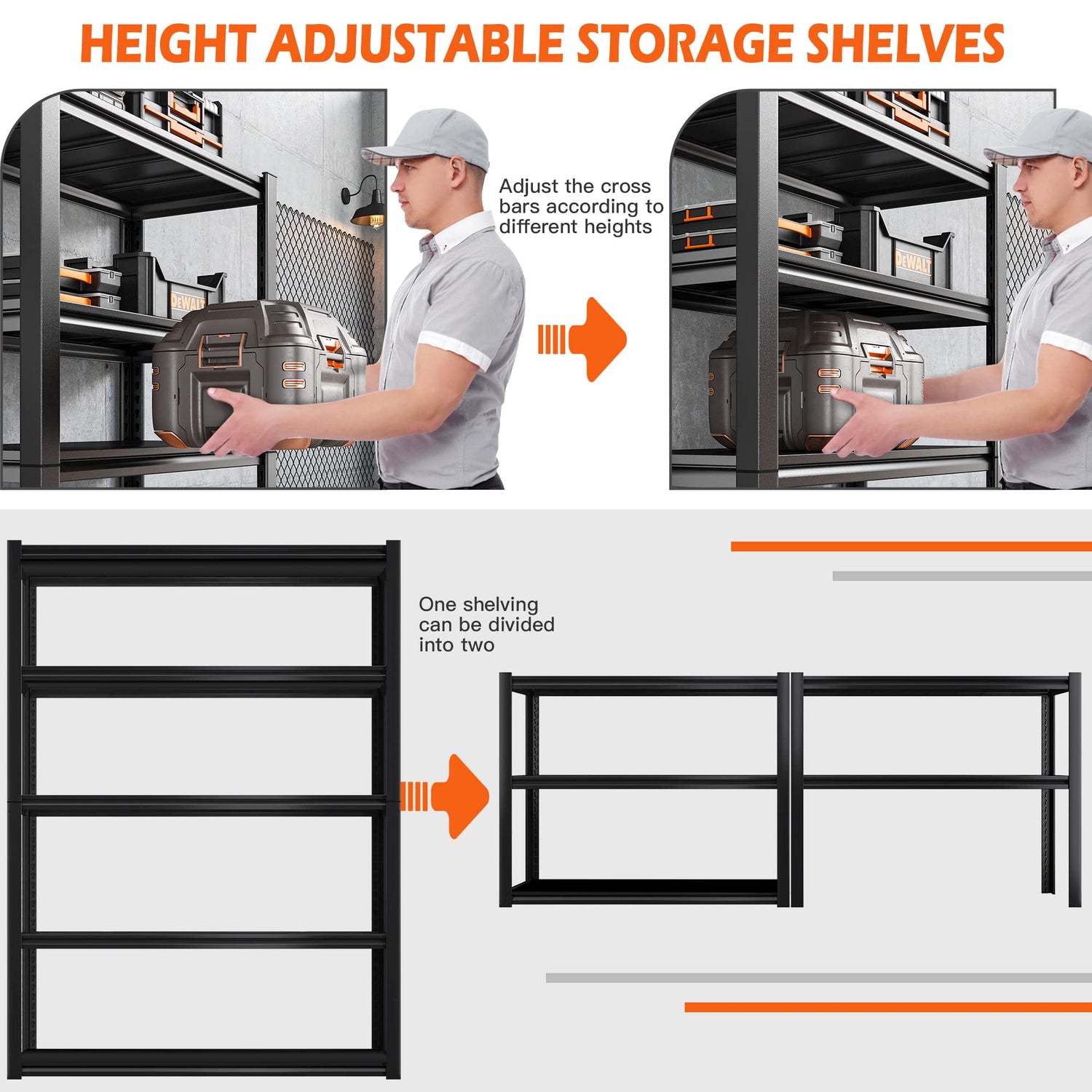 REIBII Garage Shelving Heavy Duty Garage Storage Shelves Load 2000Lbs, Wide Heavy Duty Shelving, Adjustable 5-Tier Metal Shelving for Garage,Large REIBII