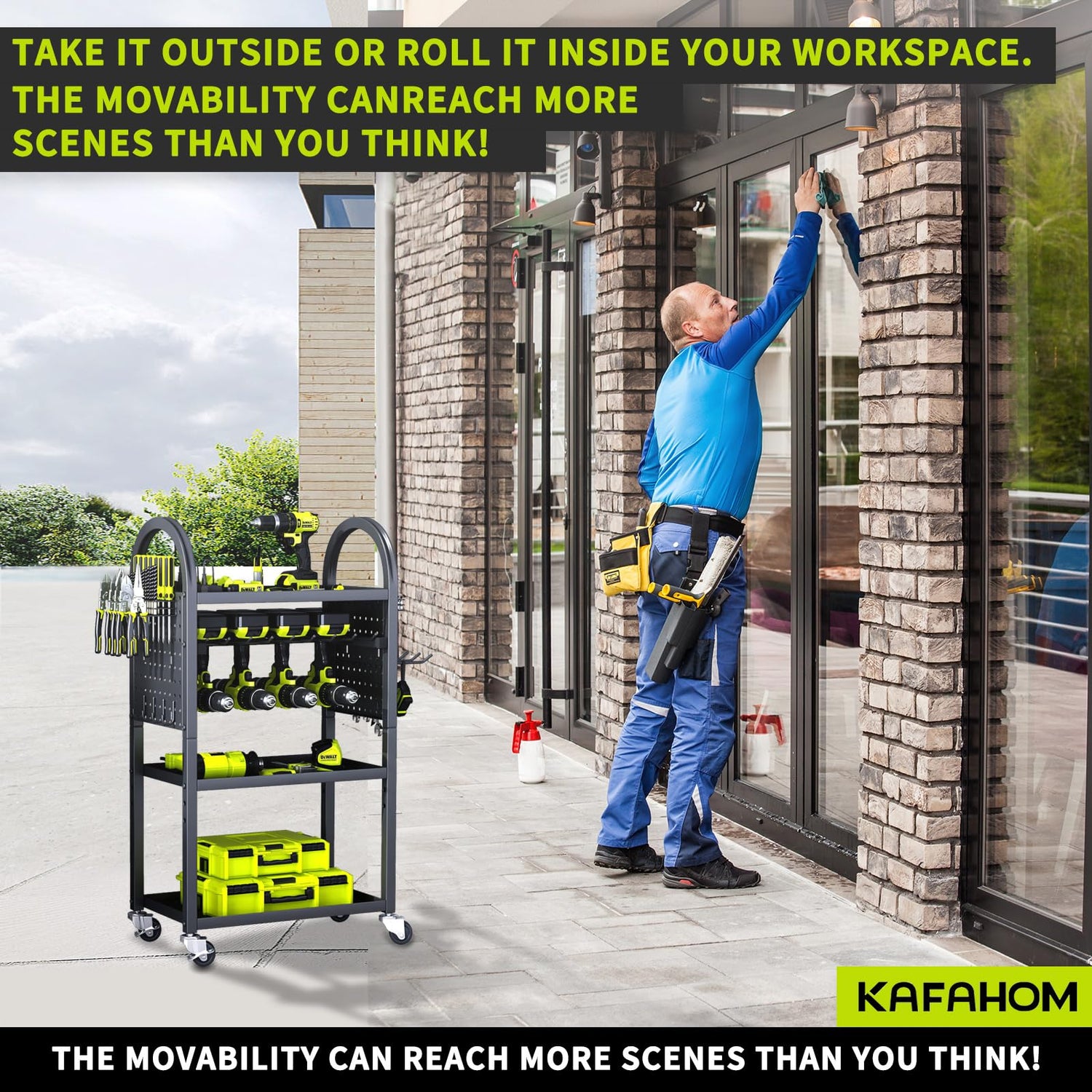 KAFAHOM Power Tool Organizer - 4 Tier Rolling Tool Cart with 8-12 Drill Holder,Tool Storage Cart on Wheels - Heavy Duty Metal Utility Tool Shelf for KAFAHOM