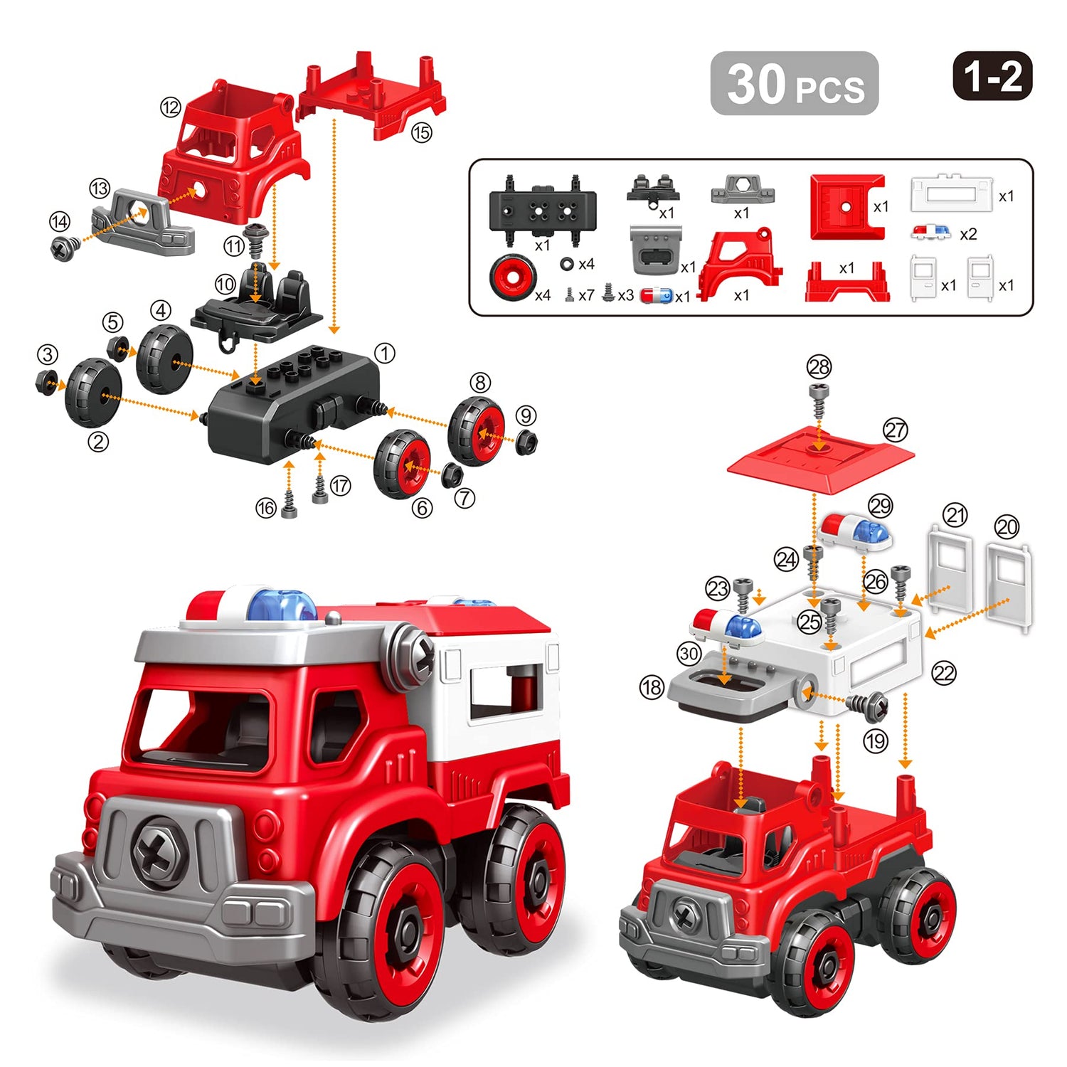 4-in-1 Take Apart Toys Truck with Electric Drill, DIY Assembly Fire Truck Toy Vehicles, Kids STEM Building Educational Cars Toys, Birthday Gifts for Toyk