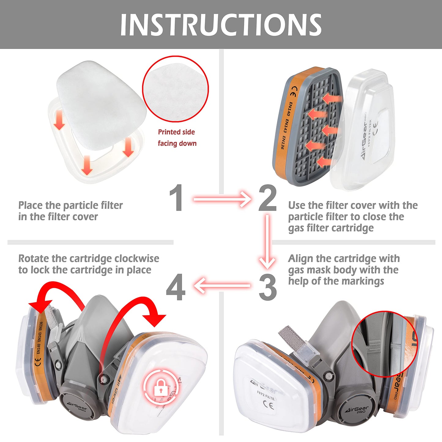 AirGearPro G-500 Reusable Respirator Mask with A1P2 Filters | Anti-Gas, Anti-Dust | Gas Mask Ideal for Painting, Woodworking, Construction, Sanding, Spraying, Chemicals, DIY etc