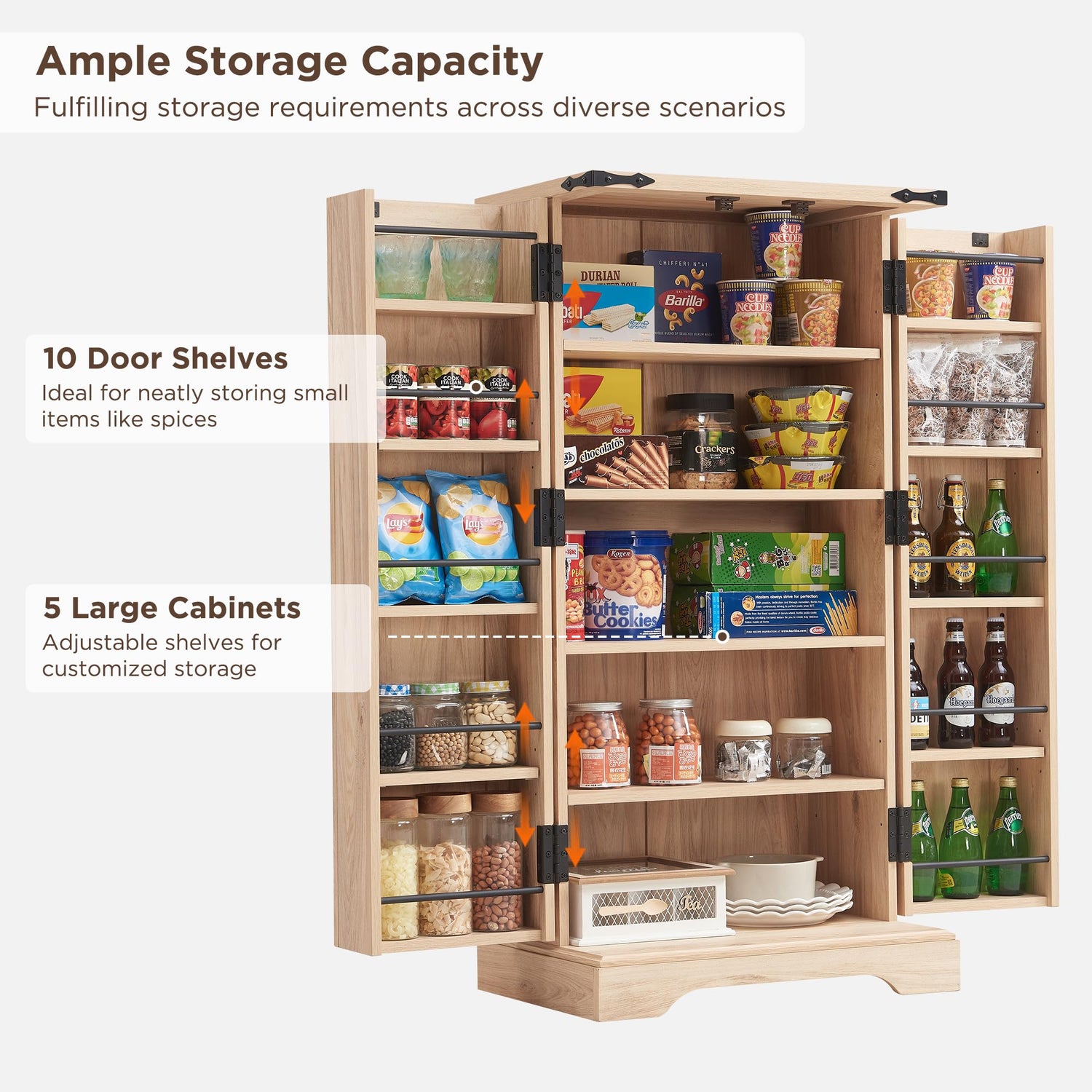 ACCOHOHO 47" Kitchen Pantry with Rattan Doors, Storage Cabinet with Organizer and Adjustable Shelves, Wood Cupboard for Kitchen, Dining Room, ACCOHOHO